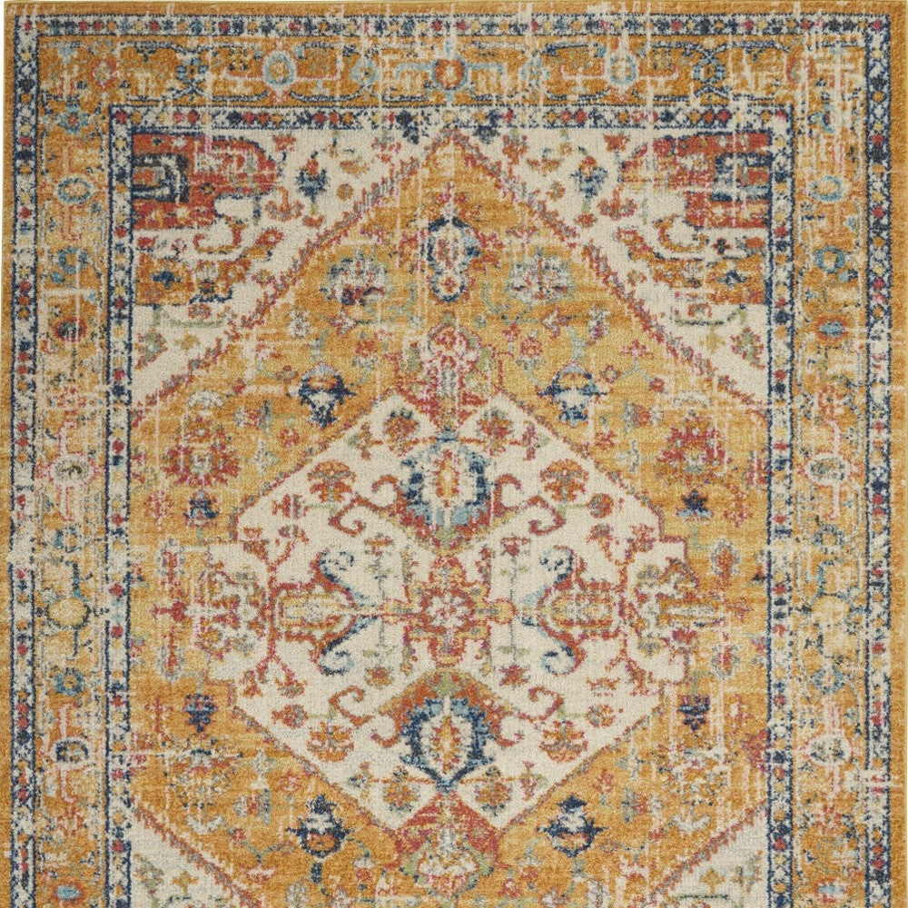 8' Yellow And Ivory Dhurrie Runner Rug