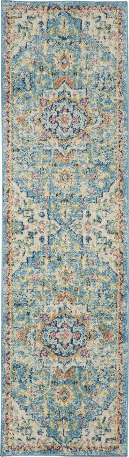 8' Blue And Ivory Dhurrie Runner Rug