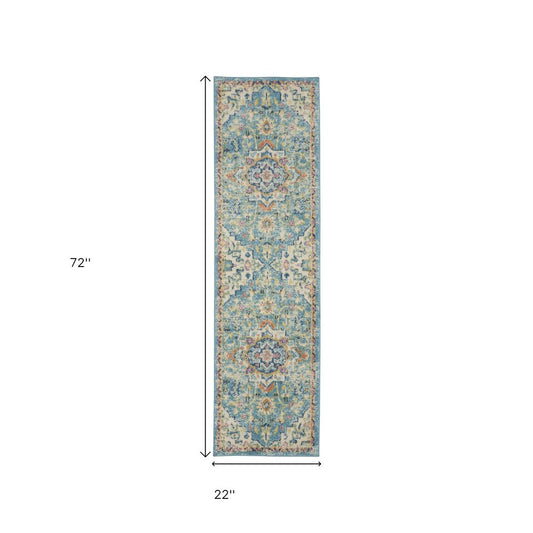 6' Ivory And Blue Oriental Distressed Runner Rug
