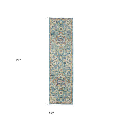 6' Ivory And Blue Oriental Distressed Runner Rug