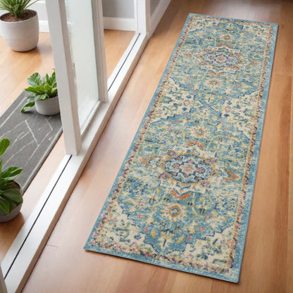6' Ivory And Blue Oriental Distressed Runner Rug