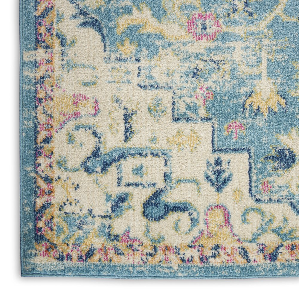 6' Ivory And Blue Oriental Distressed Runner Rug