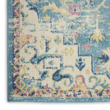 6' Ivory And Blue Oriental Distressed Runner Rug
