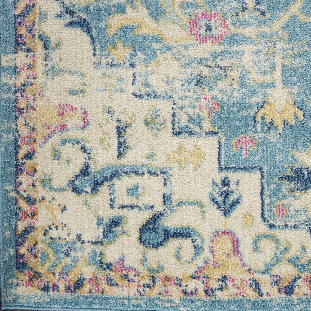 6' Ivory And Blue Oriental Distressed Runner Rug