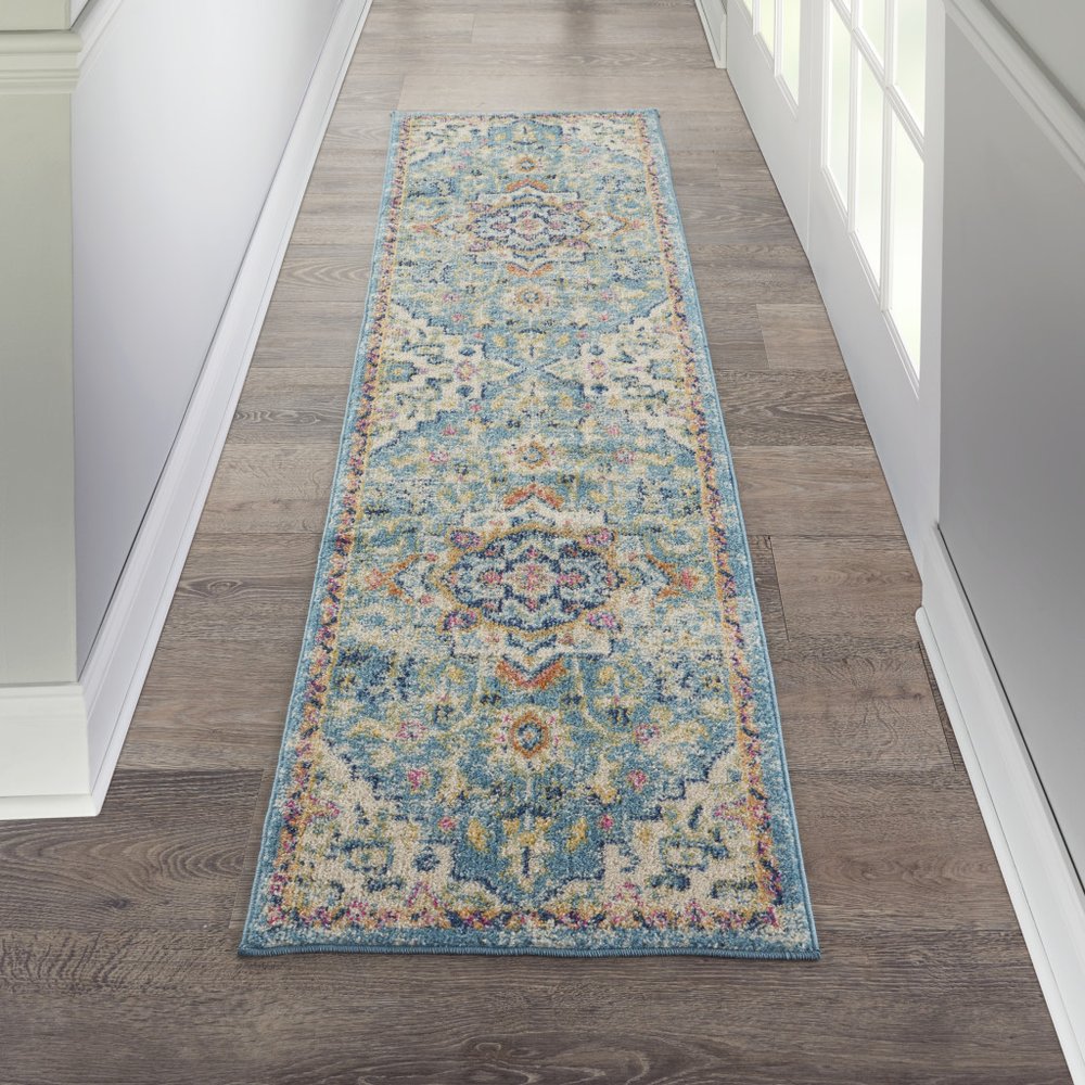 6' Ivory And Blue Oriental Distressed Runner Rug