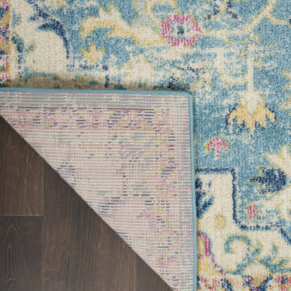 6' Ivory And Blue Oriental Distressed Runner Rug
