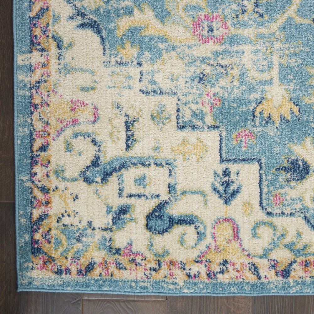 6' Ivory And Blue Oriental Distressed Runner Rug