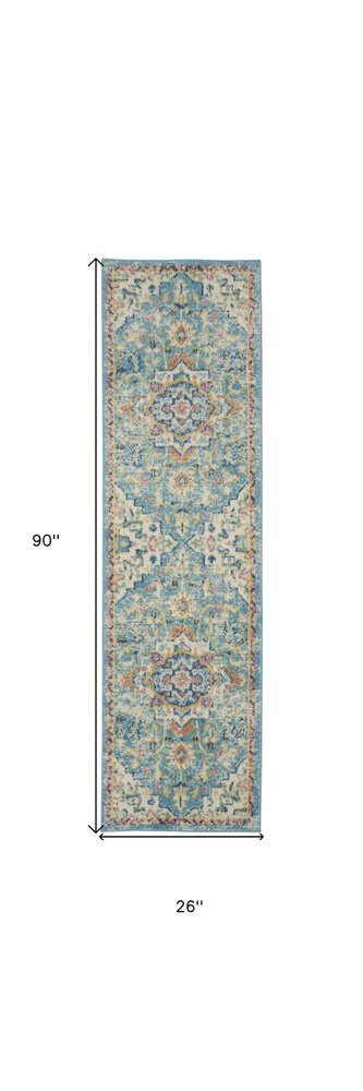 6' Ivory And Blue Oriental Distressed Runner Rug