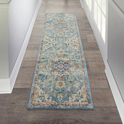 6' Ivory And Blue Oriental Distressed Runner Rug