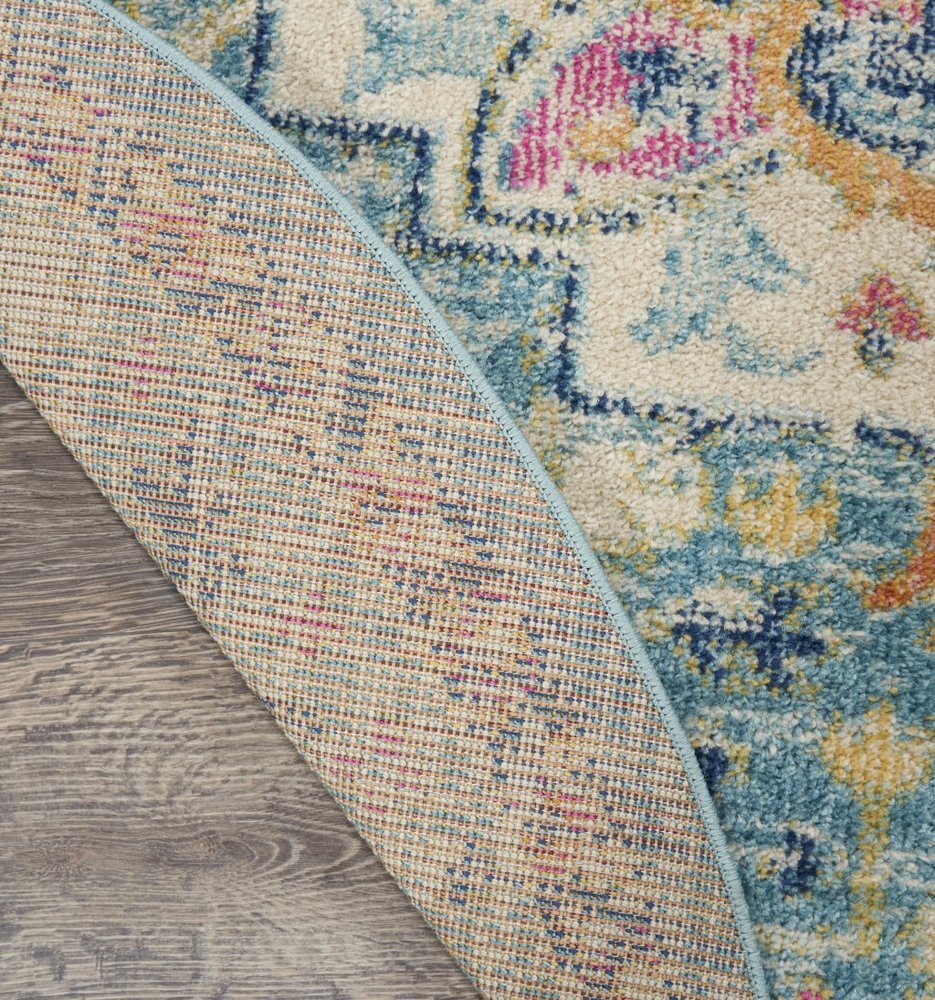 5' Ivory And Blue Oriental Distressed Round Rug