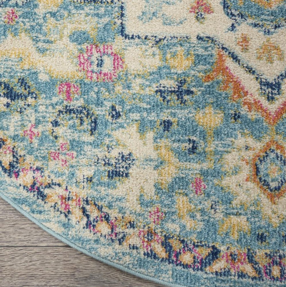 8' Ivory And Blue Oriental Distressed Round Rug
