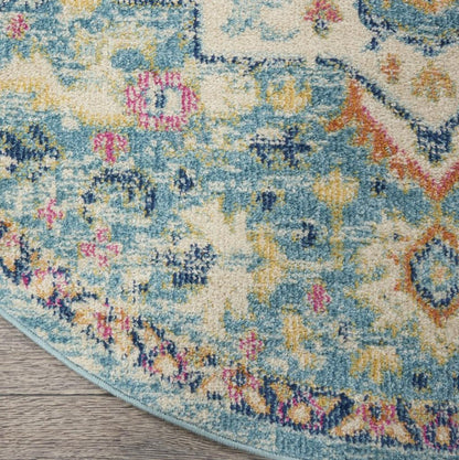 8' Ivory And Blue Oriental Distressed Round Rug
