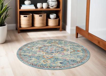 8' Ivory And Blue Oriental Distressed Round Rug