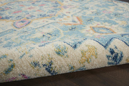 8' Ivory And Blue Oriental Distressed Round Rug