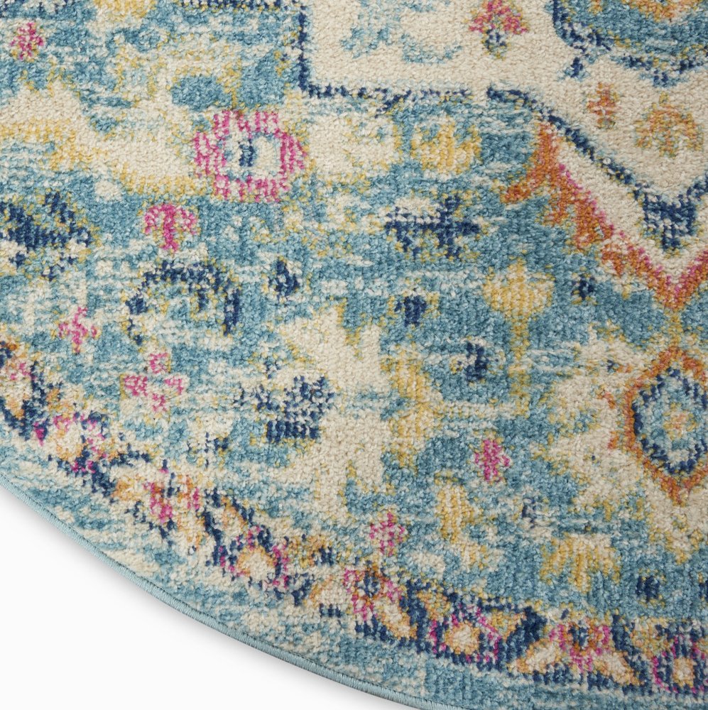 5' Ivory And Blue Oriental Distressed Round Rug