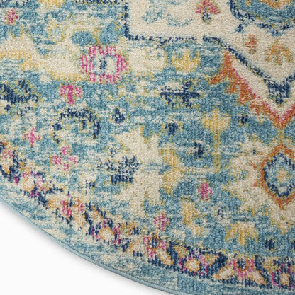 5' Ivory And Blue Oriental Distressed Round Rug