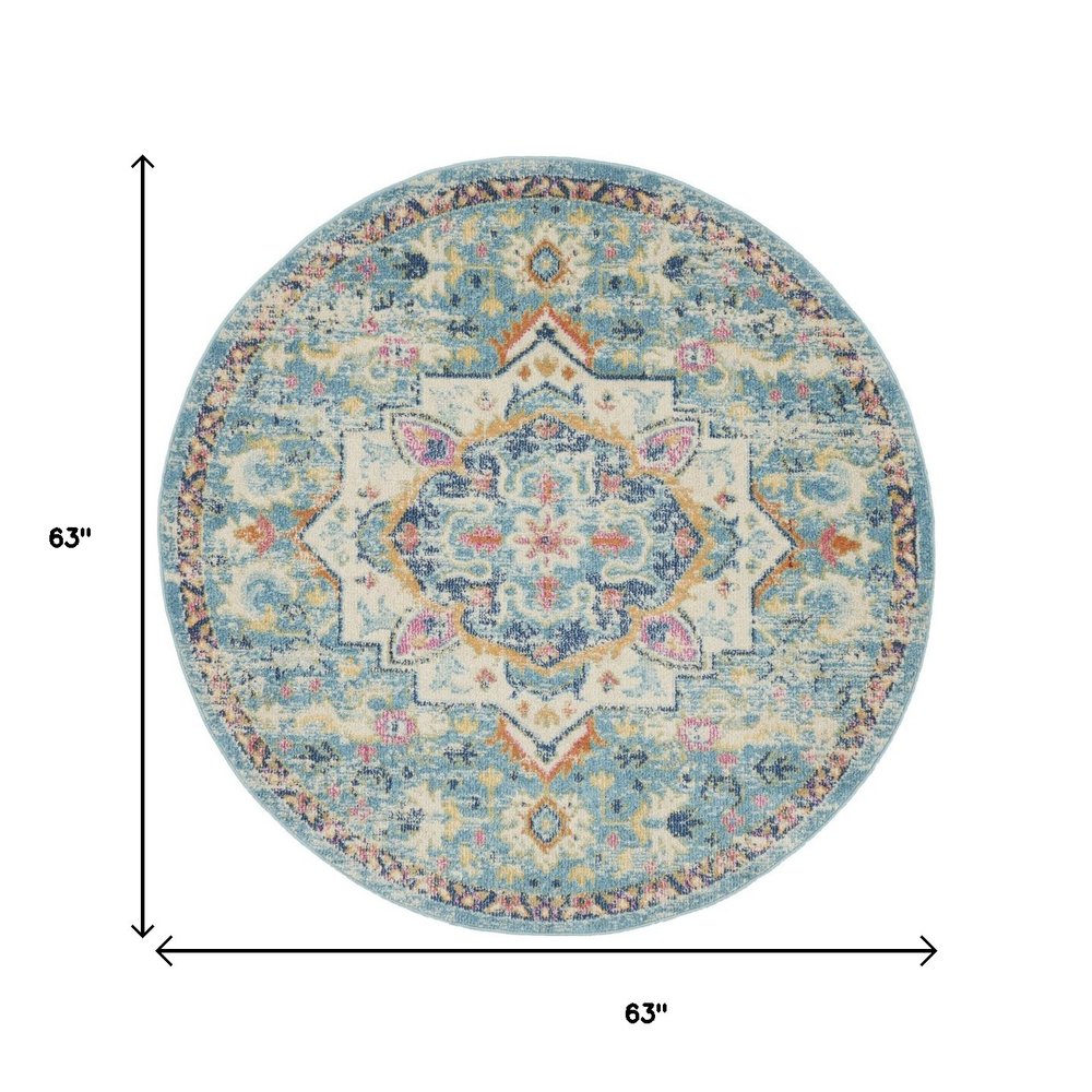 5' Ivory And Blue Oriental Distressed Round Rug