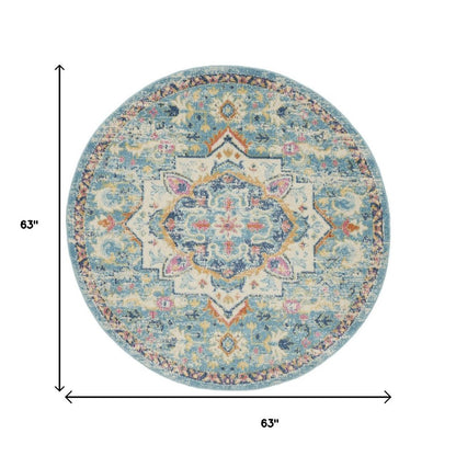 5' Ivory And Blue Oriental Distressed Round Rug