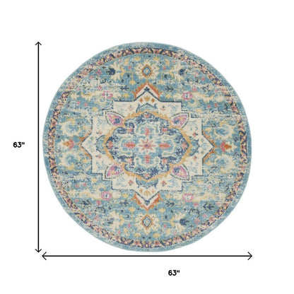 8' Ivory And Blue Oriental Distressed Round Rug