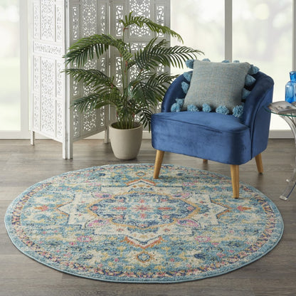 5' Ivory And Blue Oriental Distressed Round Rug