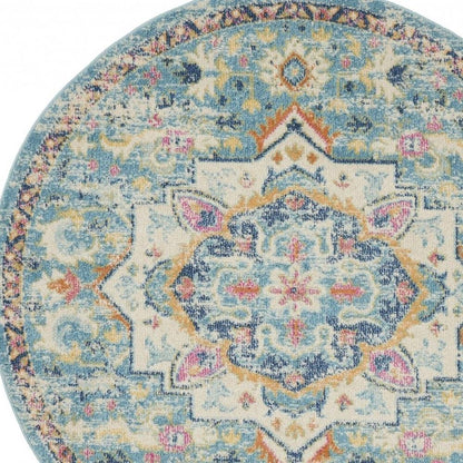 8' Ivory And Blue Oriental Distressed Round Rug