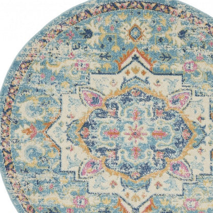 5' Ivory And Blue Oriental Distressed Round Rug