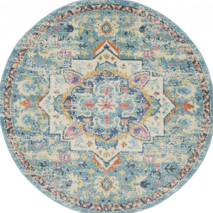 8' Ivory And Blue Oriental Distressed Round Rug