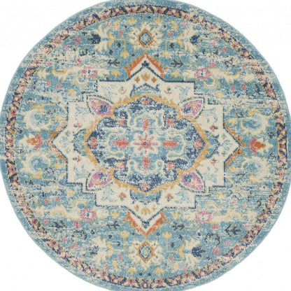 5' Ivory And Blue Oriental Distressed Round Rug