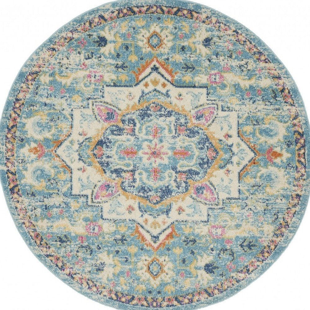 5' Ivory And Blue Oriental Distressed Round Rug