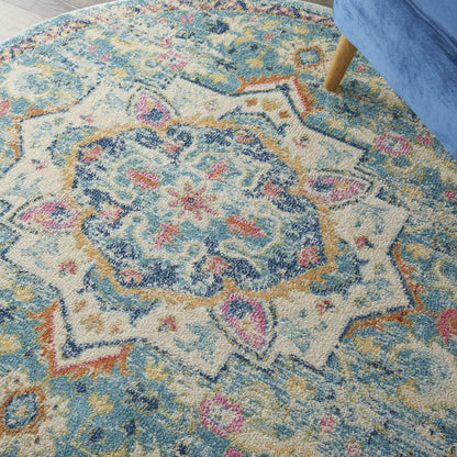 5' Ivory And Blue Oriental Distressed Round Rug
