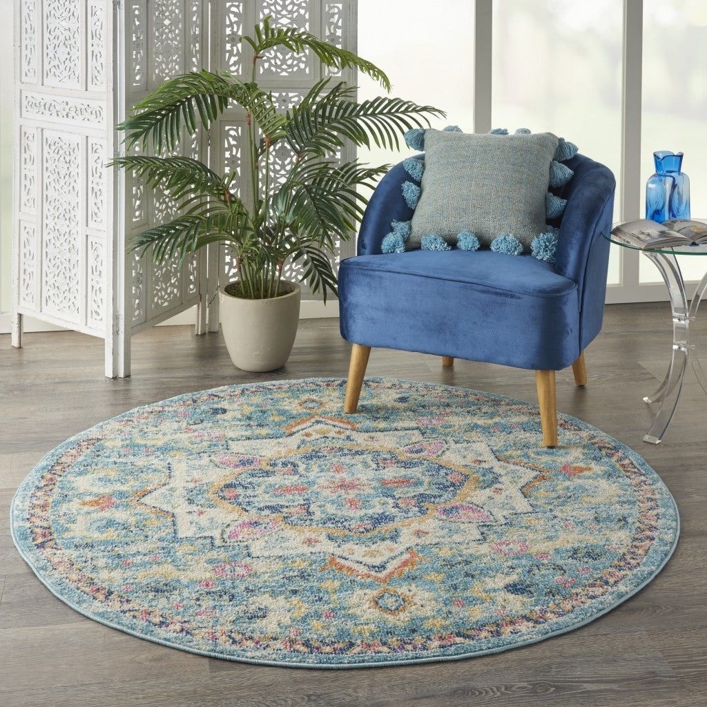 5' Blue And Ivory Round Dhurrie Area Rug