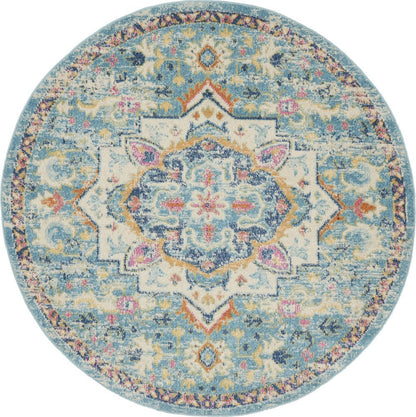 5' Ivory And Blue Oriental Distressed Round Rug