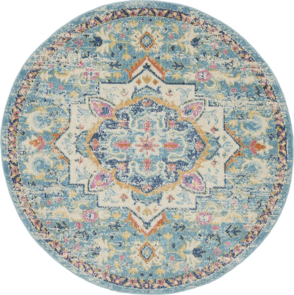 8' Ivory And Blue Oriental Distressed Round Rug