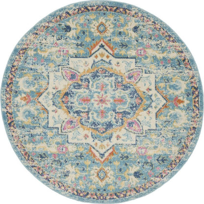 8' Ivory And Blue Oriental Distressed Round Rug