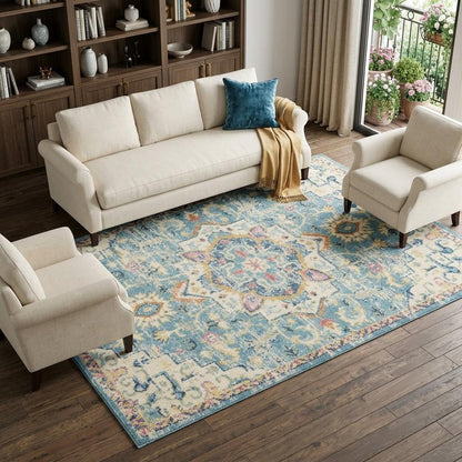 7' X 10' Ivory And Turquoise Oriental Distressed Area Rug