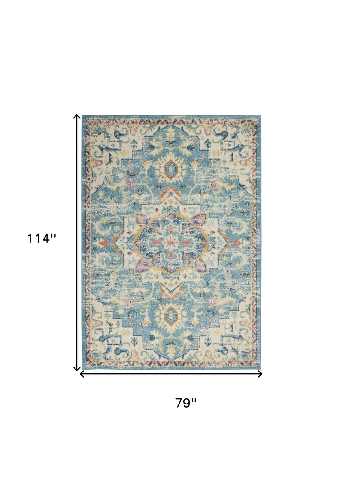 7' X 10' Ivory And Turquoise Oriental Distressed Area Rug