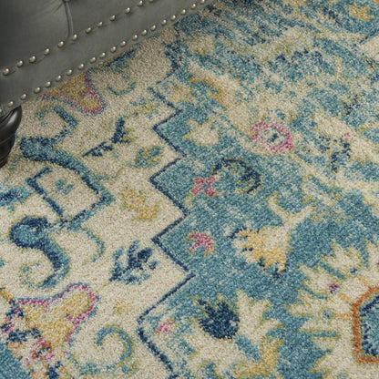 7' X 10' Ivory And Turquoise Oriental Distressed Area Rug