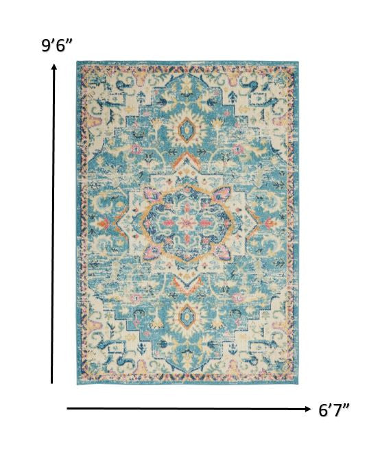 7' X 10' Blue And Ivory Dhurrie Area Rug