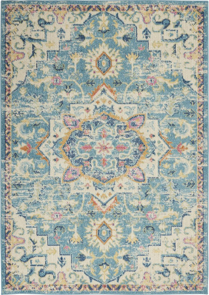 7' X 10' Ivory And Turquoise Oriental Distressed Area Rug