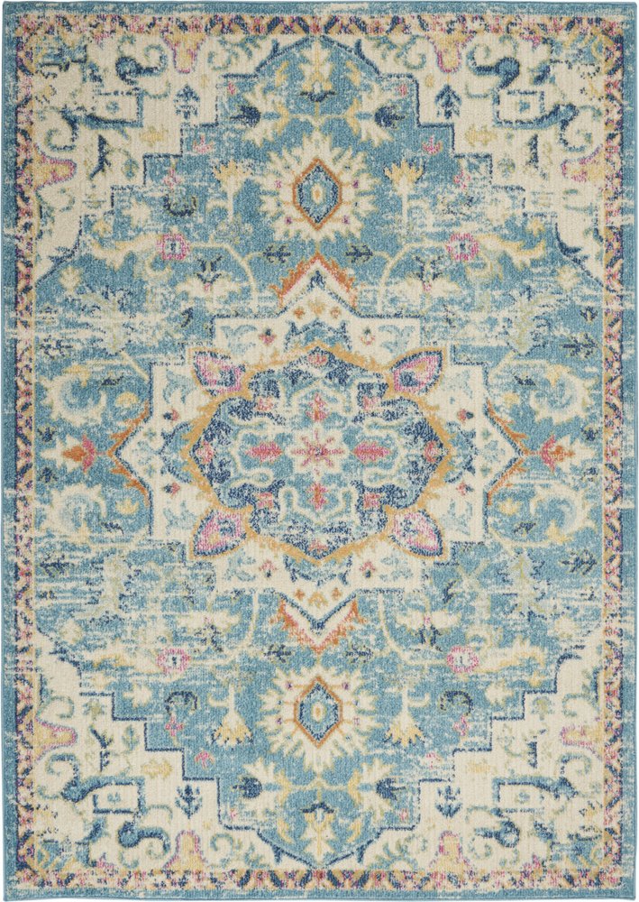 7' X 10' Ivory And Turquoise Oriental Distressed Area Rug
