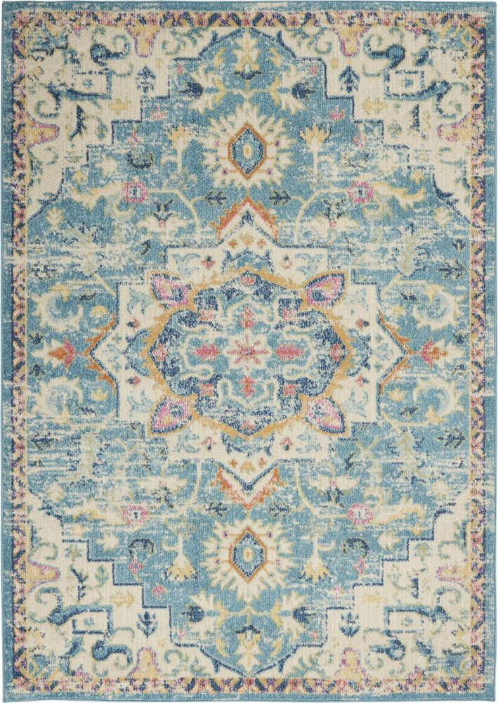 7' X 10' Ivory And Turquoise Oriental Distressed Area Rug