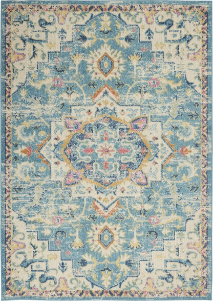 7' X 10' Ivory And Turquoise Oriental Distressed Area Rug