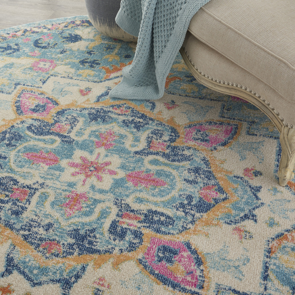 8' Blue And Ivory Round Dhurrie Area Rug