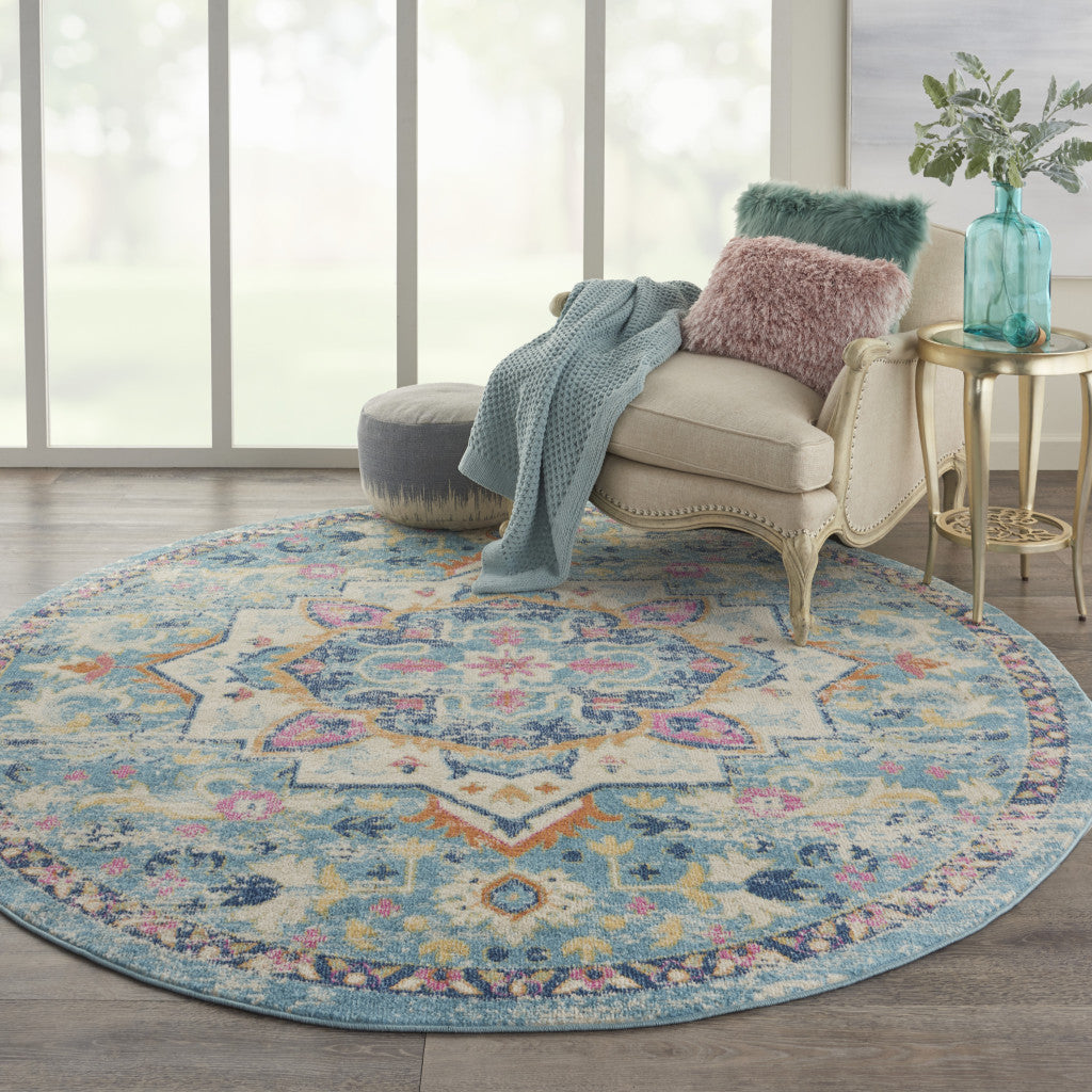 8' Blue And Ivory Round Dhurrie Area Rug