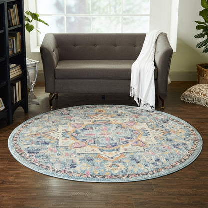 5' Ivory And Blue Oriental Distressed Round Rug