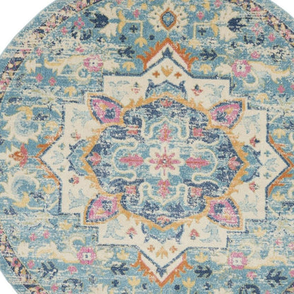 8' Ivory And Blue Oriental Distressed Round Rug