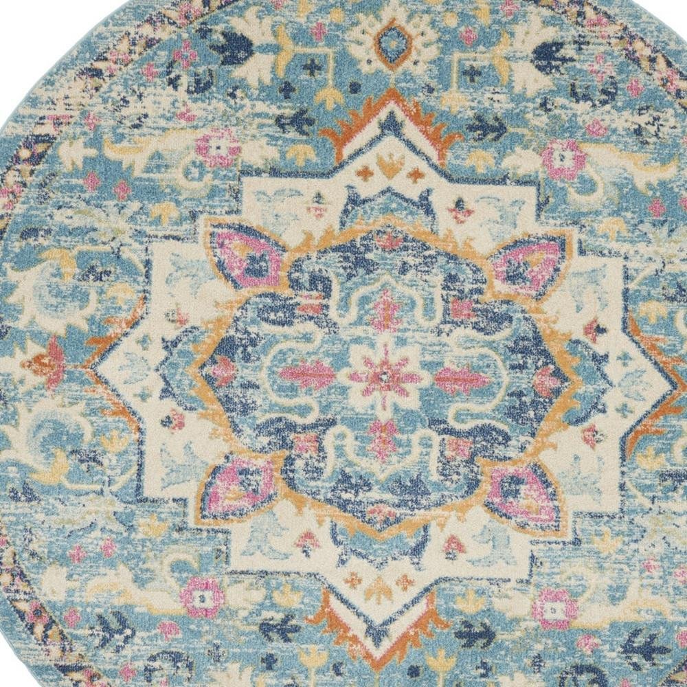 5' Ivory And Blue Oriental Distressed Round Rug