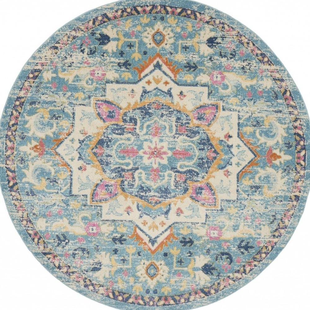 8' Ivory And Blue Oriental Distressed Round Rug