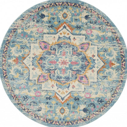 5' Ivory And Blue Oriental Distressed Round Rug