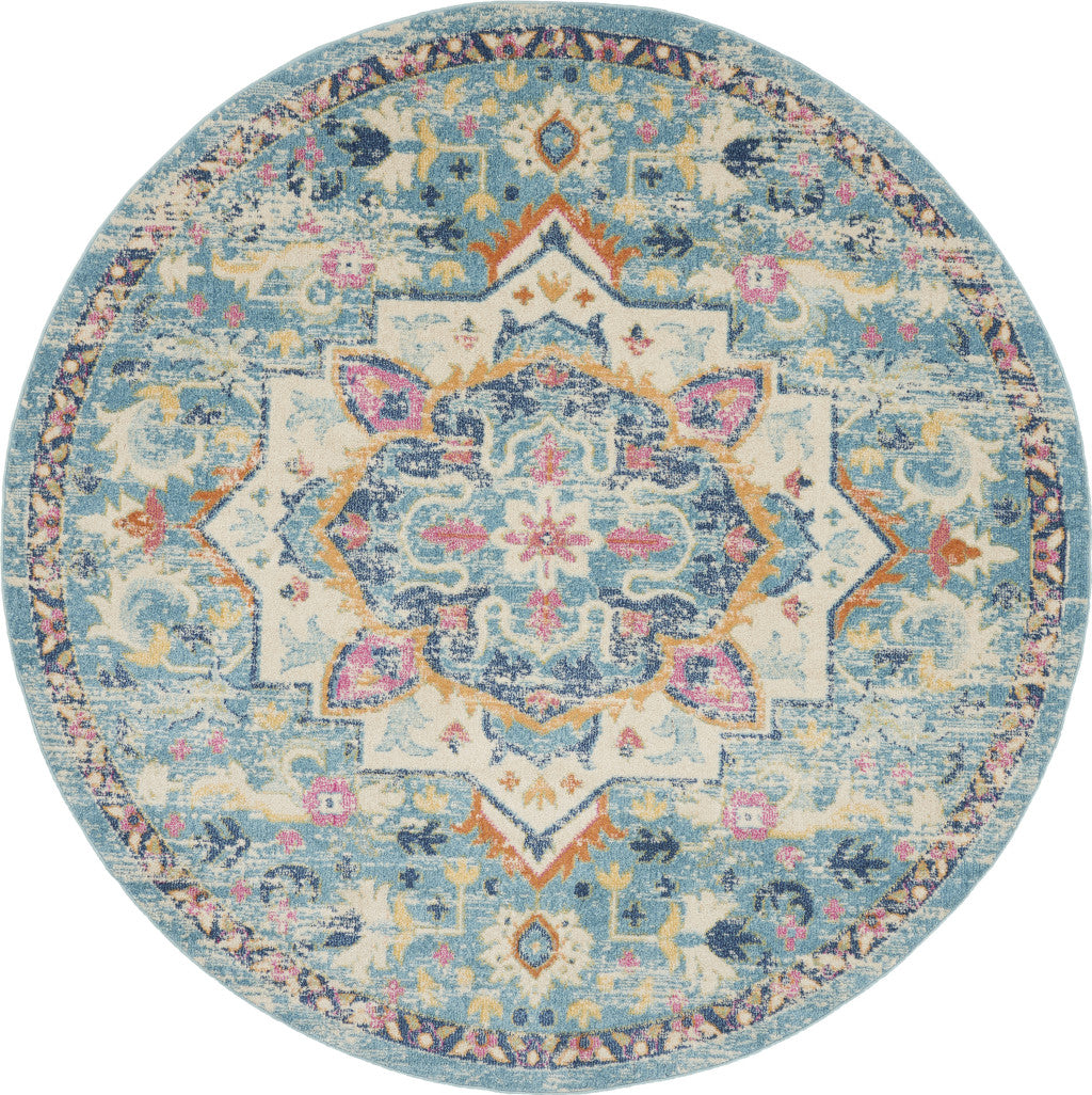 8' Blue And Ivory Round Dhurrie Area Rug